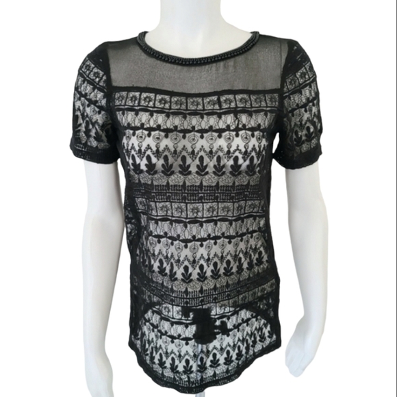 ZARA Black Crochet Lace Tee XS Beaded Neckline Sheer Mesh Nylon Punk Goth - Picture 2 of 14